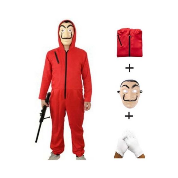 Déguisement Casa De Papel rouge porté par un homme debout, avec des petites images sur la droite