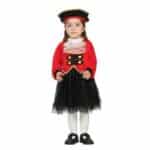 Déguisement Pirate pour Bébés fille. Bonne qualité, très original, couleurs rouge, noir et blanc porté par une petite fille avec un chapeau.