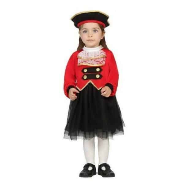 Déguisement Pirate pour Bébés fille. Bonne qualité, très original, couleurs rouge, noir et blanc porté par une petite fille avec un chapeau.