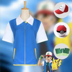 Déguisement de sacha de pokémon blanc et bleu avec en arriere plan Sacha avec Pikachu et accessoire pokéball et casquette