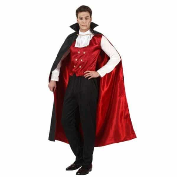 Déguisement pour Adultes Vampire, noir, rouge et blanc avec un cap porté par un homme.
