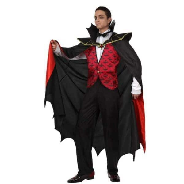 Déguisement Vampire Adulte, noir, rouge et blanc porté par un homme.