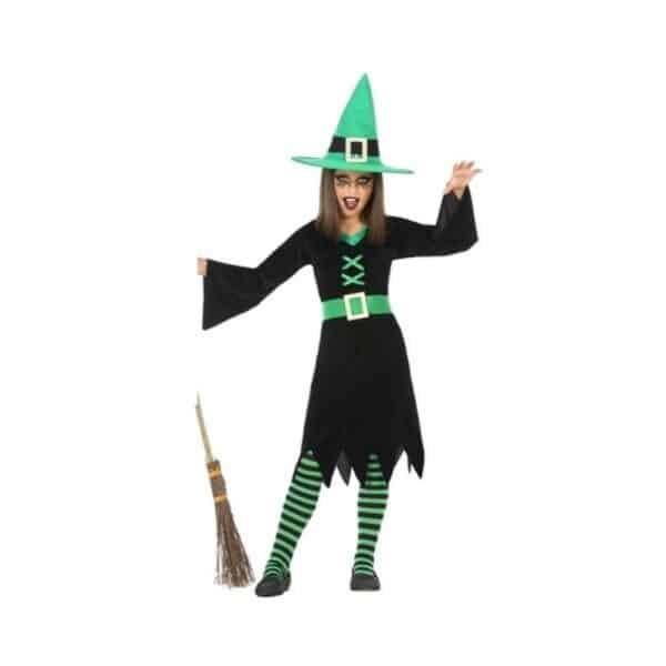 Déguisement pour Enfants Sorcière Verte. Bonne qualité, très original, porté par une petite fille avec un chapeau vert.