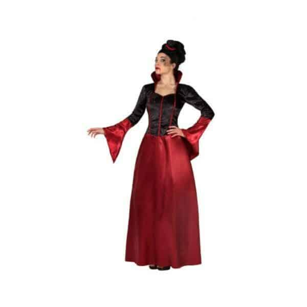 IMG_8989 Déguisement pour Adultes Vampire femme, noir et rouge portée par une femme. Bonne qualité et très à la mode.