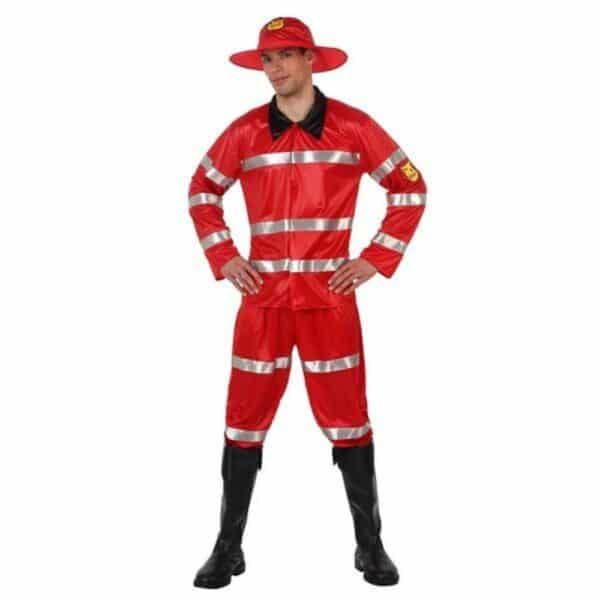 Déguisement pour Adultes Sapeur-pompier rouge et blanc complet avec chapeau. Bonne qualité et très à la mode porté par un homme qui porte une botte noire.