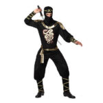 Déguisement pour Adultes Ninja noir et or, couleurs noir et blanc avec un cagoule porté par un homme