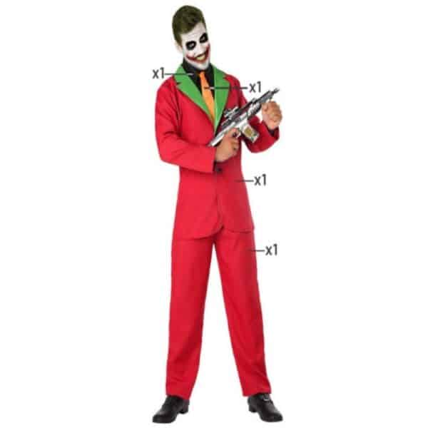 Déguisement pour Adultes Joker Rouge, rouge, vert et noir, porté par un homme. Bonne qualité et très à la mode.