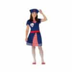 Déguisement pour Enfants Femme matelot, couleurs bleu et rouge avec un chapeau. Porté par une petite fille.