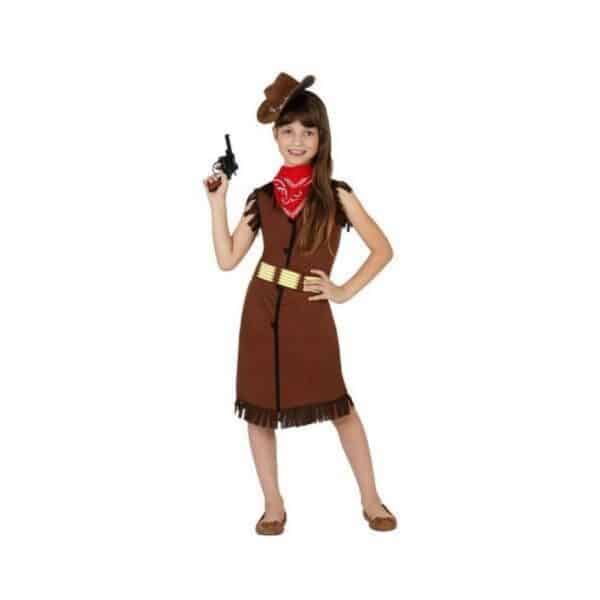 Déguisement pour Enfants Cow-girl avec un chapeau complet, couleur marron. Porté par une petite fille qui porte une arme