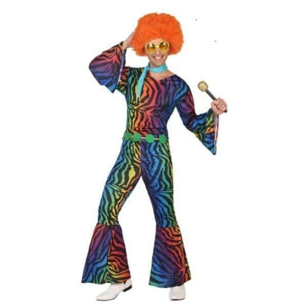 Déguisement pour Adultes Disco multicolore, porté par un homme qui porte une perruque orange. Bonne qualité et très original.