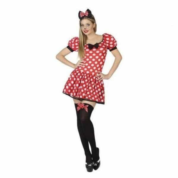 Déguisement pour Adultes Minnie Mouse, rouge avec motif blanc. Portée par une femme qui porté un colon noir avec un talon.