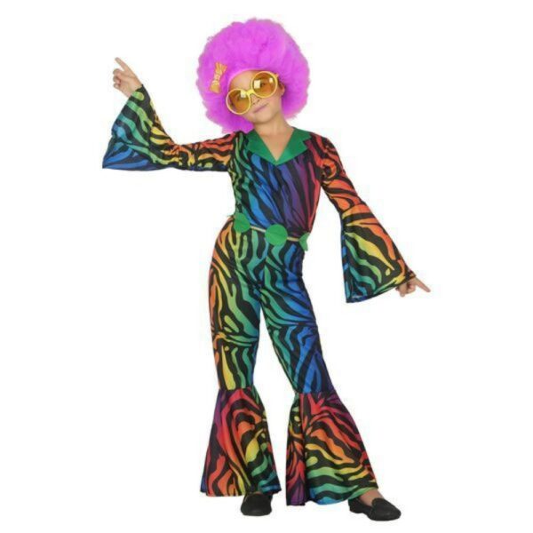 IMG_5432 Déguisement pour Enfants Disco multicolore. Bonne qualité, très à la mode porté par une petite fille qui porte une perruque violet.