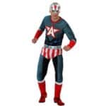 Déguisement pour Adultes Captain America complet porté par un homme. Bonne qualité, très à la mode.