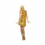 Déguisement pour Adultes robe Disco doré, porté par une femme qui porte une perruque