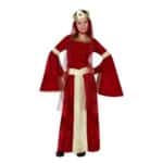 Déguisement pour Enfants Dame médiévale, rouge et blanc porté par une petite fille qui porte une couronne.