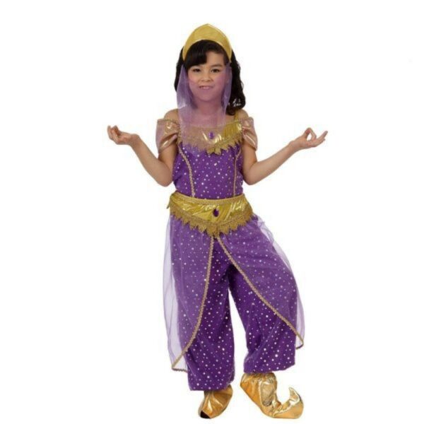 Déguisement pour Enfants Princesse Jasmine violet, porté par une petite fille qui porte une couronne dorée.