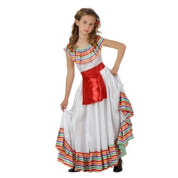 Déguisement pour Enfants Mexicaine, couleurs blancs avec motif rouge, vert et jaune porté par une petite fille.