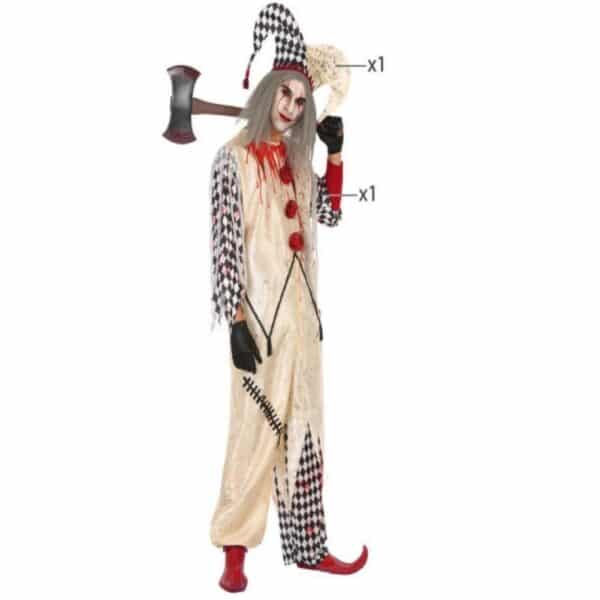 Déguisement homme Arlequin ensanglanté, porté par un homme qui porte un hache avec accessoire complete