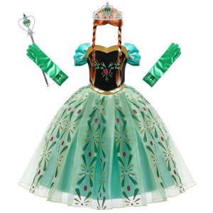 Déguisement de Anna dans la Reine des Neiges. C'est une robe évasée avec des voils verte, il y a des un motif de fleur sur le voil. Le déguisement contient des gants verts, une baguette magique et un diadème avec une coiffe tresse rousse.