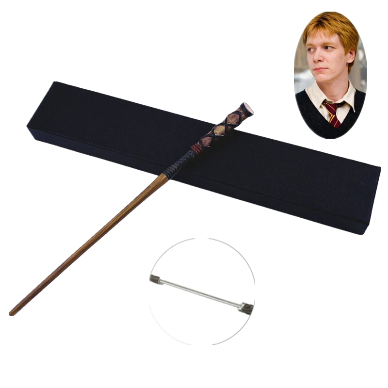 Baguette du personnage Fred en bois et en cuir noir, avec la photo de son portrait en haut à droite