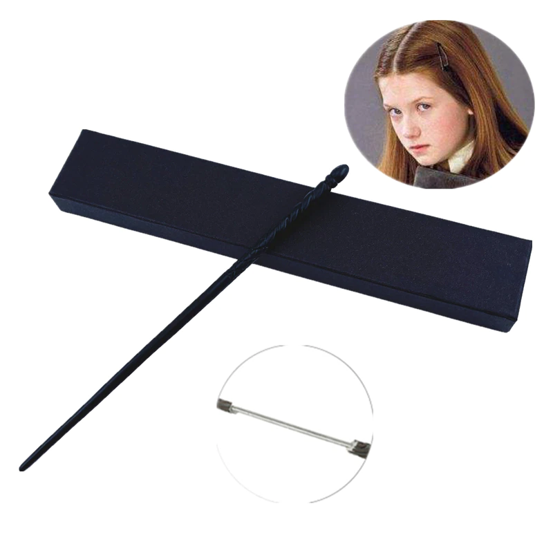 Baguette du personnage Ginny Weasley noir en bois, avec sa photo en haut à droite de l'image