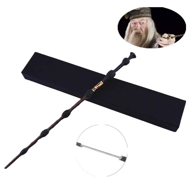 Baguette de sureau Dumbledore noire, avec en haut à droite la photo du personnage