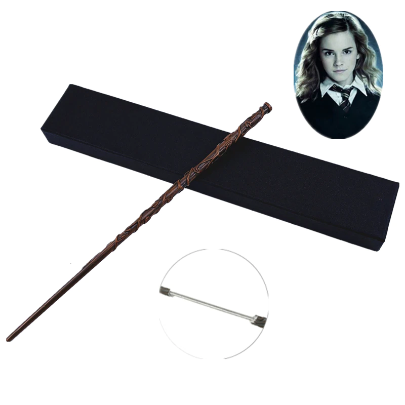 Baguette en bois marron du personnage Hermione, avec sa photo en haut de l'image