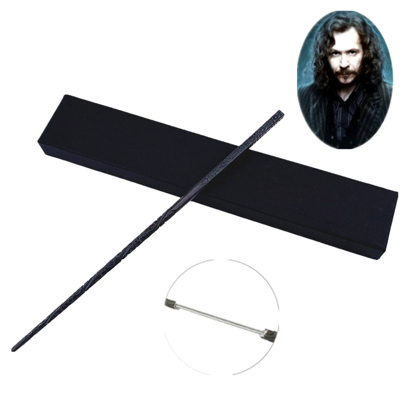 Baguette de Sirius Black noir sculpté, et son portrait en haut à droite de l'image