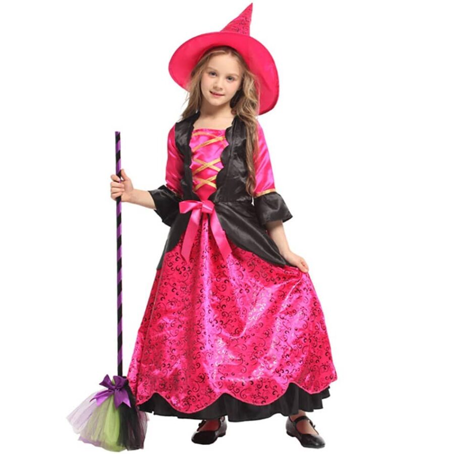 Robe sorcière avec chapeau pointu rose pour filles Déguisement Fantastique Déguisement Sorcière