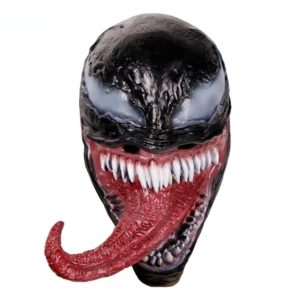 Image du masque Venom noir avec de grandes dents et une longue langue qui sort