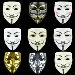 9 masques différents du personnage Anonymous sur un fond noir
