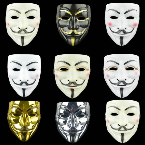 9 masques différents du personnage Anonymous sur un fond noir