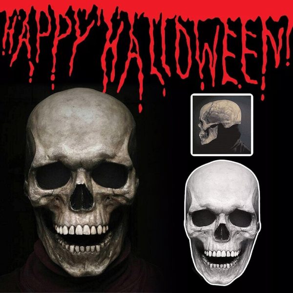 Masque squelette représenté sous différente taille et angle sur fond noir avec l'inscription "Happy Halloween" en rouge