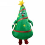 Déguisement gonflable de sapin de Noël vert avec un guirlande rouge et une étoile jaune au sommet