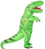 Déguisement de T-rex bleu intégral et gonflable, avec la gueule ouverte et le dinosaure se tient de profil