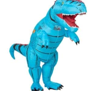 Déguisement de T-rex bleu intégral et gonflable, avec la gueule ouverte