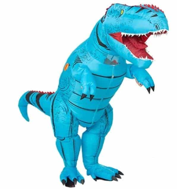 Déguisement de T-rex bleu intégral et gonflable, avec la gueule ouverte
