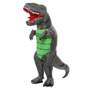 Déguisement de T-rex gris et avec le ventre vert intégral et gonflable, avec la gueule ouverte et tourné sur sa droite à trois quart