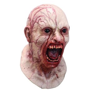 Masque représentant un homme chauve ouvrant la bouche avec des veines rouges sur le visage et du sang