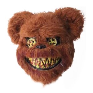 Masque d'ours à pelage marron, avec des yeux ronds et une bouche avec de grandes dents
