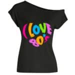 Tee-shirt noir sur fond blanc avec écrit dessus en multicolore "i love 80's"