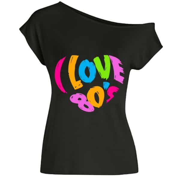 Tee-shirt noir sur fond blanc avec écrit dessus en multicolore "i love 80's"