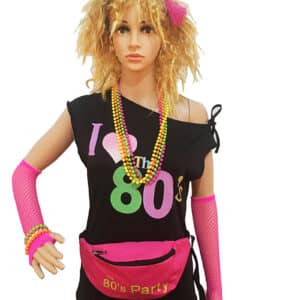 Déguisement à thème des années 80 pour femme de 13 accessoires de couleur rose, jaune et vert fluo porté par un mannequin aux cheveux blonds