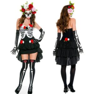 Déguisement mexicain pour femme avec motif squelette sur le masque, robe et bas de couleur noir et blanc, composé également de fleur rouge et blanche