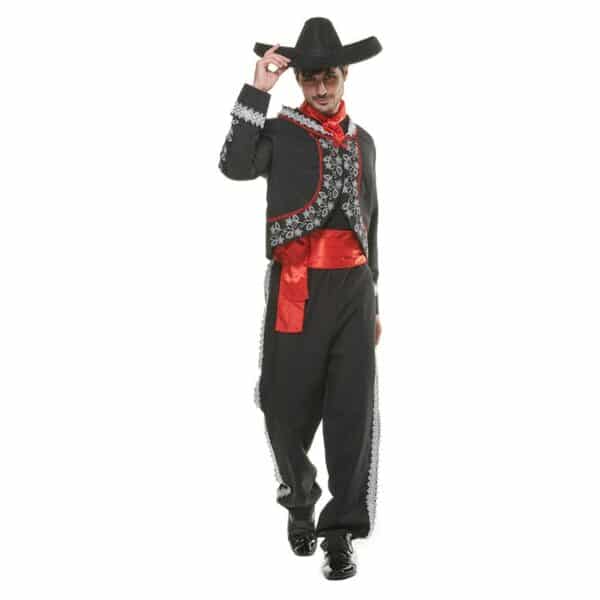 Déguisement en costume pour homme mexicain avec sombrero de couleur noir et rouge
