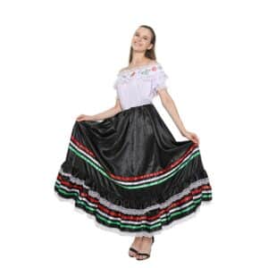 Déguisement pour femme traditionnel mexicain avec haut blanc et robe noire avec bande blanche rouge et verte