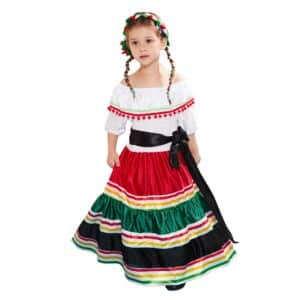 Déguisement traditionnel mexicain avec un haut blanc et une robe noire avec des bandes de couleurs rouges, jaunes et vertes