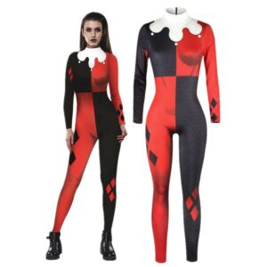 Déguisement Harley Quinn pour femme de couleur rouge et noir avec des losanges rouges et noirs