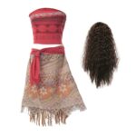 Déguisement Disney princesse Moana composé d'un haut rouge, d'une jupe beige et d'une perruque noire