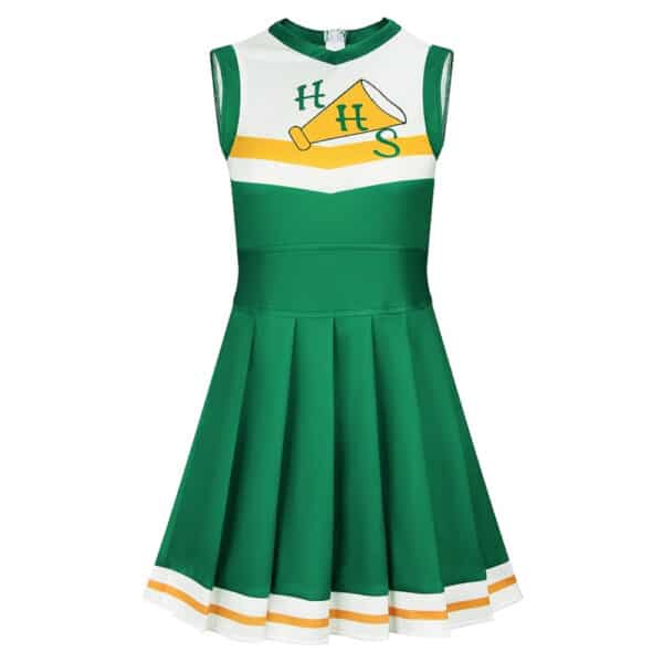 Robe de pom-pom girl de couleur verte et blanche avec des traits jaunes